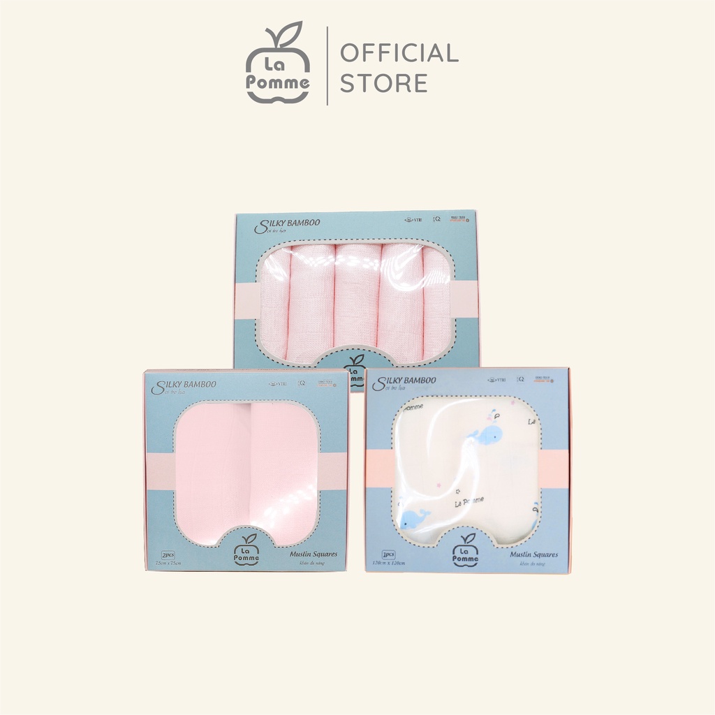 Combo 3 K003 khăn(120x120cm)cá heo+K002 Set 2 Khăn(75x75cm)+K001 Set 5 Khăn sữa (30x30) sợi tre lụa La Pomme-Hồng Pastel