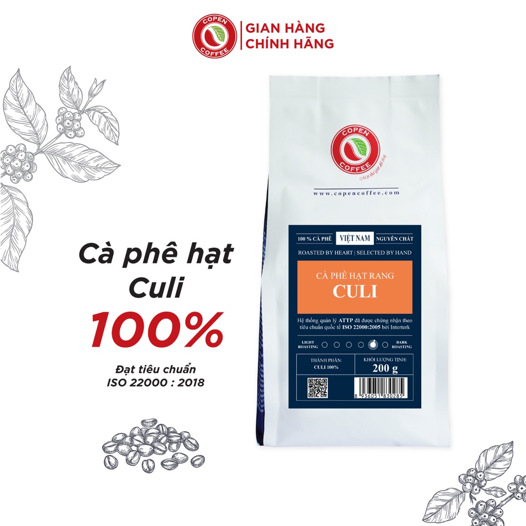 Cà phê hạt Culi Copen Coffee túi 200g (Nguyên Hạt Rang Mộc) đắng đậm, thơm nồng, hậu vị sâu