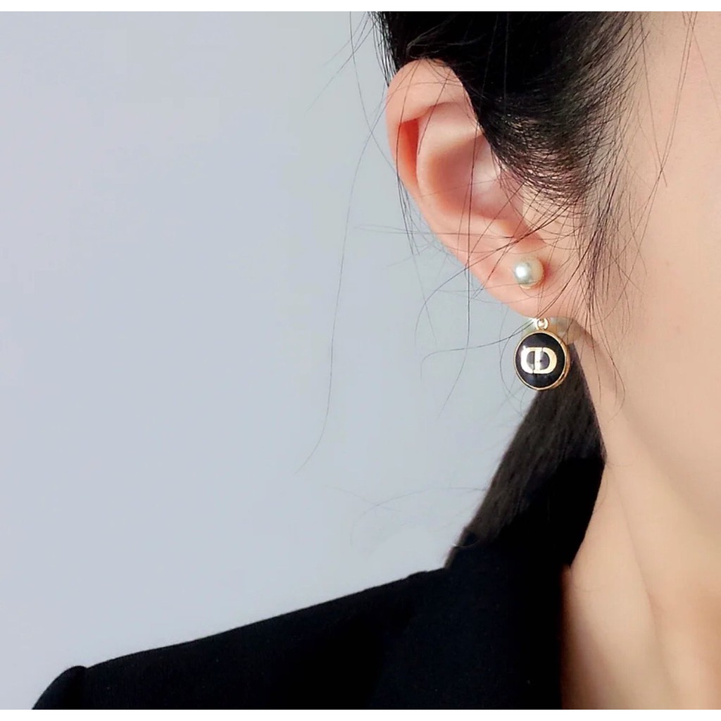 Bông tai mạ bạc 925 hình tròn đính ngọc trai đen thời trang cho nữ