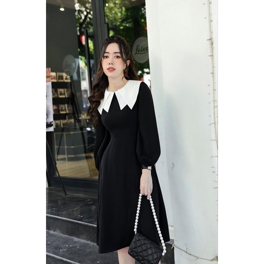 ĐẦM ĐEN TAY DÀI BO MIDI CỔ ĐÔI TRẮNG