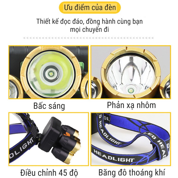 [Rất Sáng] Đèn pin đội đầu siêu sáng gồm 5 bóng đèn, siêu sáng, sản phẩm bền bỉ theo thời gian, có thể chống nước [YPX7]