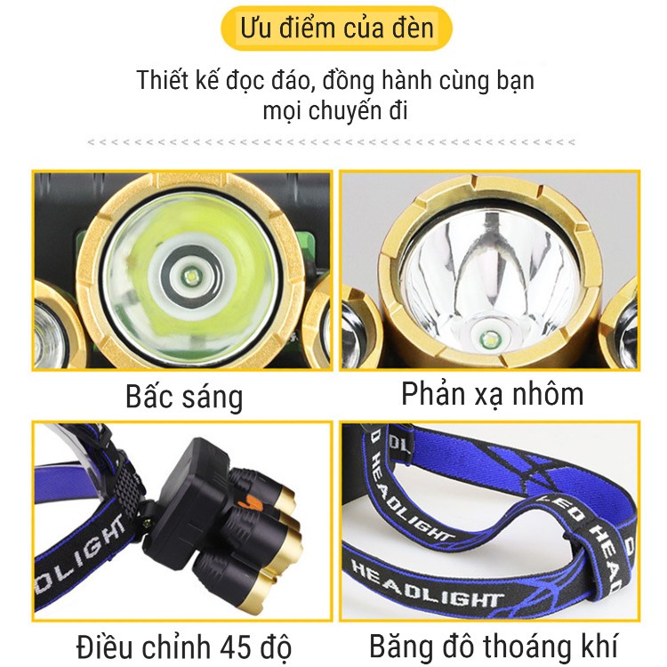 Đèn pin đội đầu siêu sáng gồm 5 bóng đèn, siêu sáng, sản phẩm bền bỉ theo thời gian chống nước [YPX7]