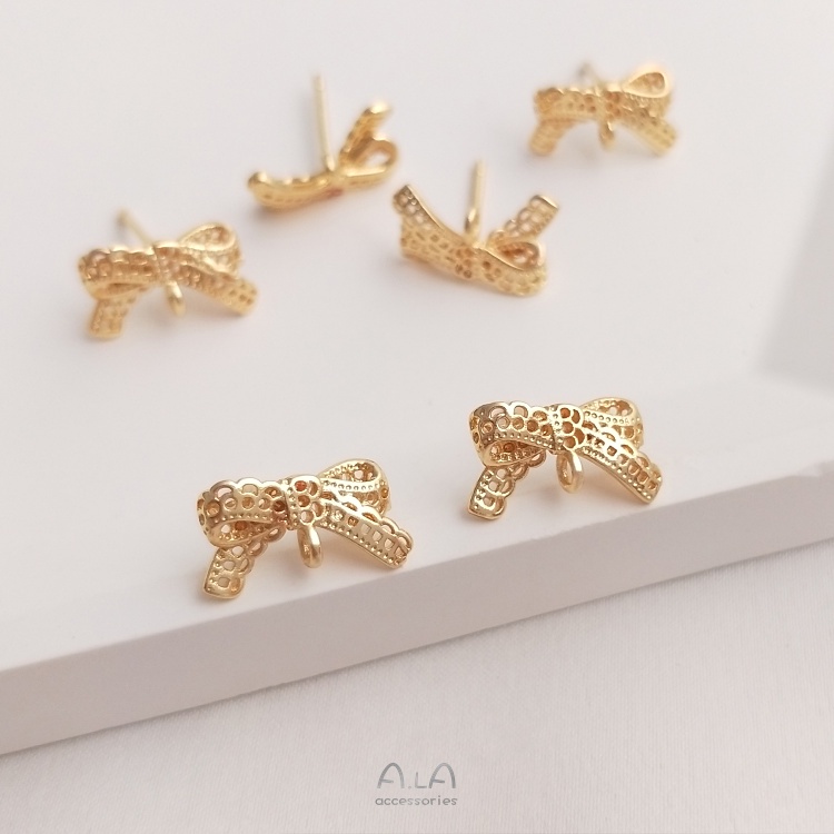 Một Cặp Bông Tai Bằng Đồng 14K Phối Ren Màu Vàng Đồng Hình Nơ Có Khuyên Tai S925 diy