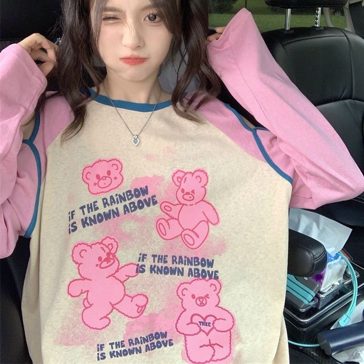 Áo Thun Tay Dài Dáng Rộng Hở Vai In Hình Gấu Phong Cách Hàn Quốc Cho Nữ