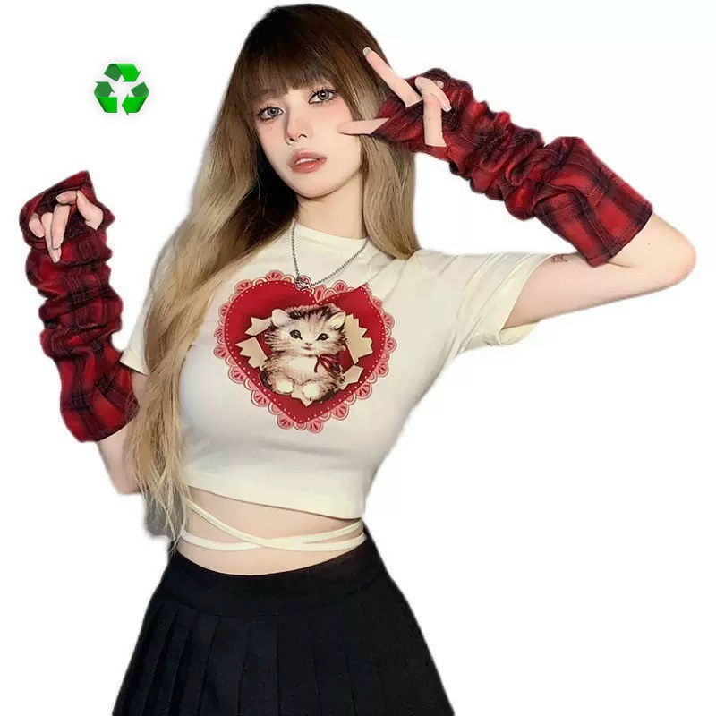 Áo thun nữ tay ngắn dáng croptop phối dây buộc lưng in họa tiết mèo trái tim hot 42