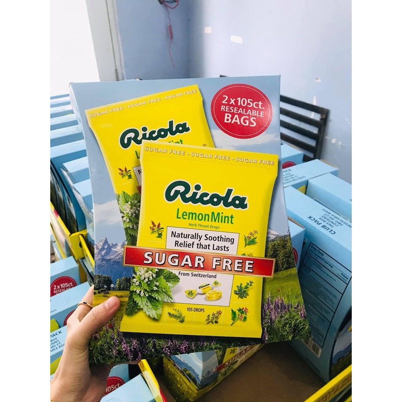 Date 9/2023) Kẹo ngậm ho không đường Ricola Lemon Mint Sugar Free bịch 105 viên