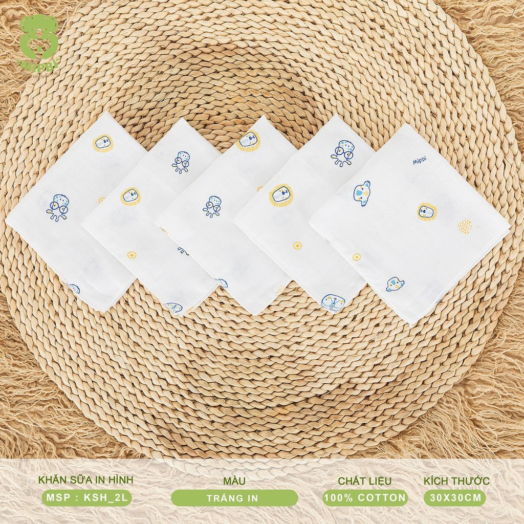 Set 5 Khăn sữa MIPBI 2 lớp cotton in hình 30x30cm 100% vải cotton không xù không bai Việt Nam