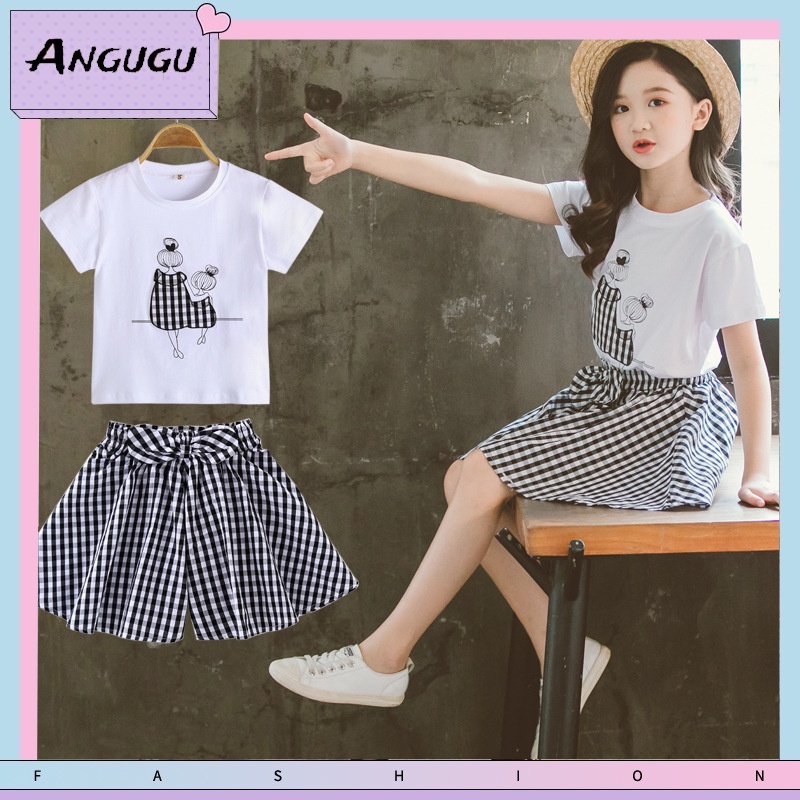 Set Áo Thun Tay Ngắn &amp; Quần Short Caro Phong Cách Hàn Quốc Cho Bé Gái 3-14 Tuổi