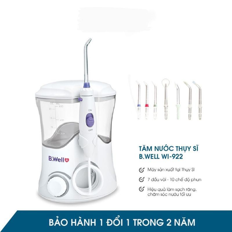 Máy tăm nước gia đình B.Well Wi 922 Thụy Sỹ - 7 đầu tăm- 10 Chế độ lực xịt - BH 2 năm 1 đổi 1