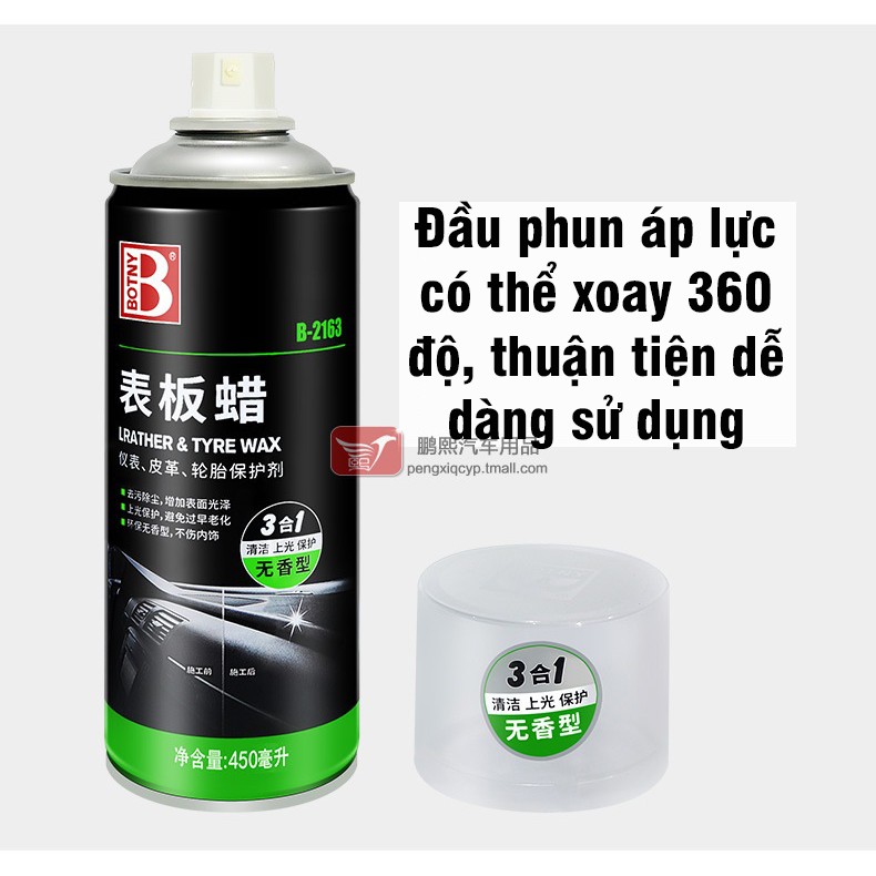 Chai xịt bóng nội thất, phục hồi nhựa Leather Tyre Wax Botny B-2163 dung tích 450ml