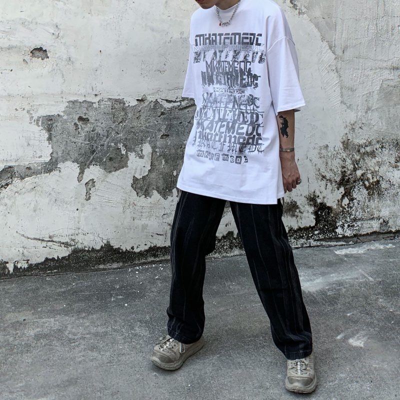 Áo thun tay ngắn cổ tròn dáng rộng in chữ phong cách hip hop Mỹ thời trang mùa hè cho nam size S-5Xl