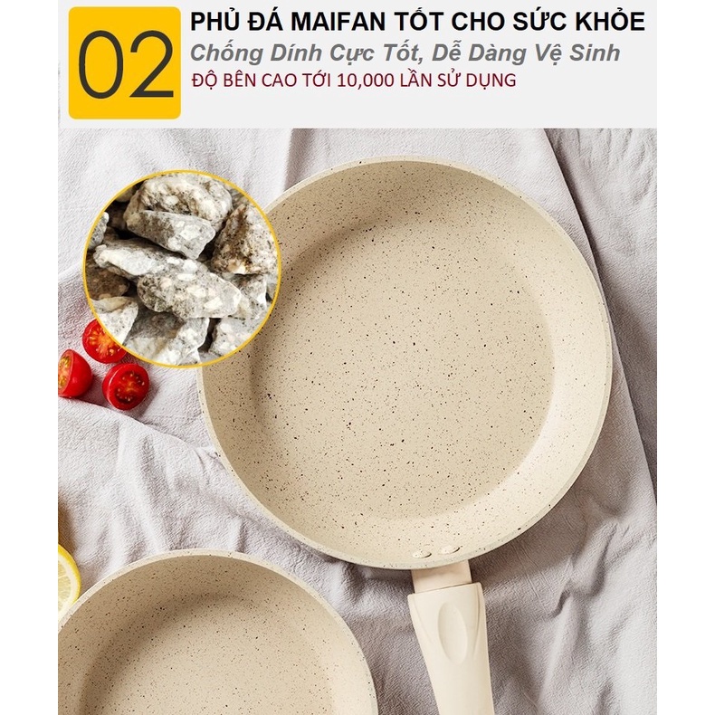 Chảo chống dính vân đá hoa cương đáy inox bếp từ không chứa PFOA an toàn cho sức khỏe 20-28cm