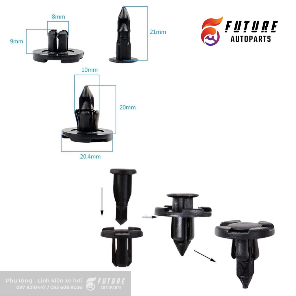 Vít nhựa, chốt nhựa bấm 8mm phổ thông cho xe hơi - Future Autoparts