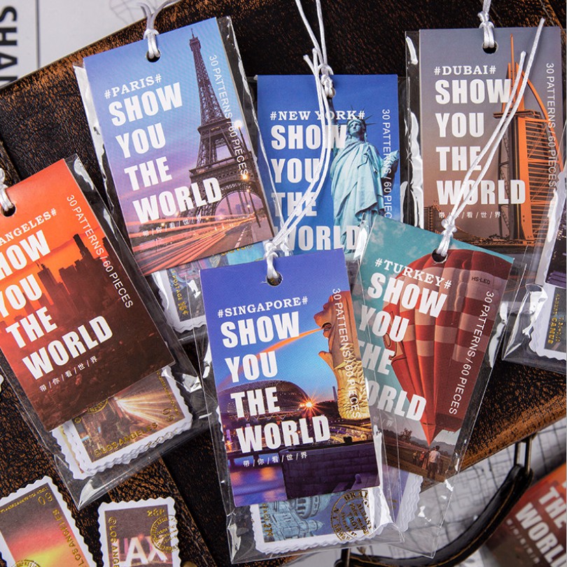 Túi 60 miếng sticker mẫu tem show you the world phong cảnh thế giới