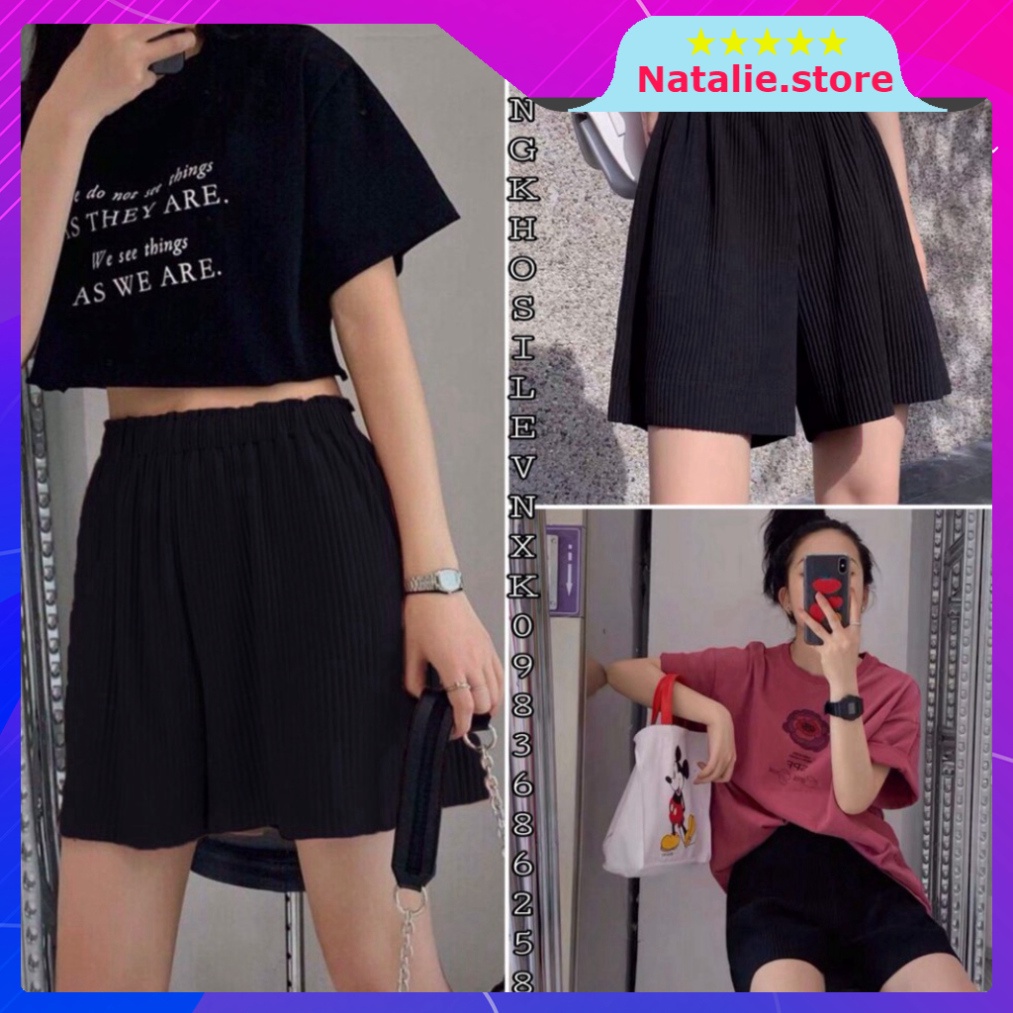 {SP mới - sẵn} - Quần Short Nữ Dập Li Ống Rộng 💎 Quần Đùi Ngố Nữ CULLOTES Tăm Xếp Ly Cạp Cao Chun Co Dãn Màu Đen - Nat