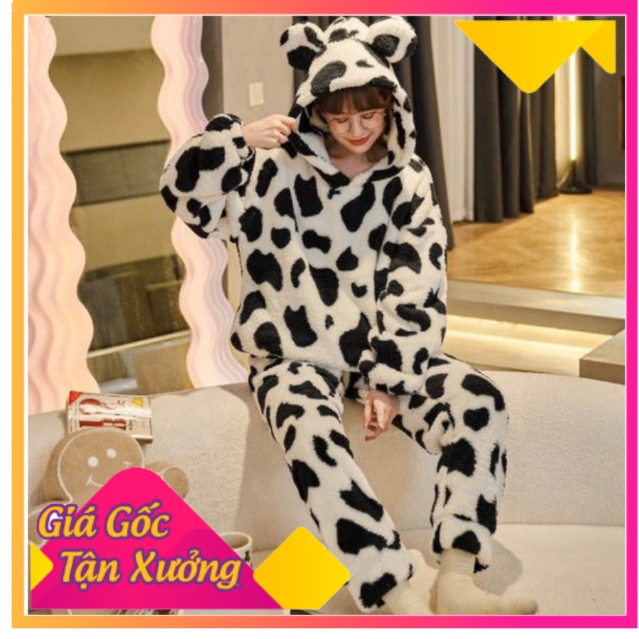 Set Đồ Bộ Lông Họa Tiết Bò Sữa Có Mũ - Bộ Đồ Bò Sữa Siêu Chất Lông Cute(Ngọc Tâm Chuyên Sỉ)
