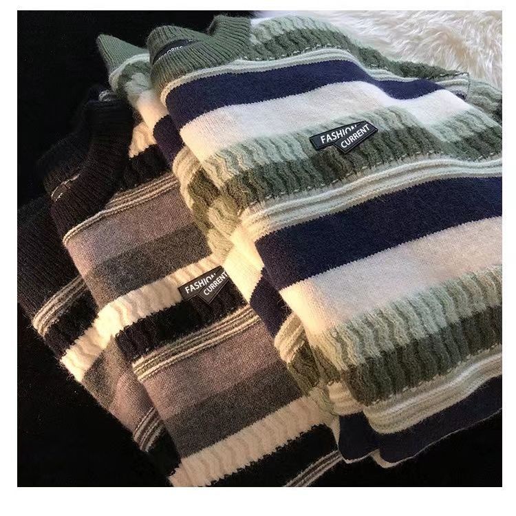 Áo Sweater Cổ Tròn Dáng Rộng Họa Tiết Kẻ Sọc Phong Cách Nhật Bản Thời Trang Mùa Đông Xinh Xắn Cho Cặp Đôi