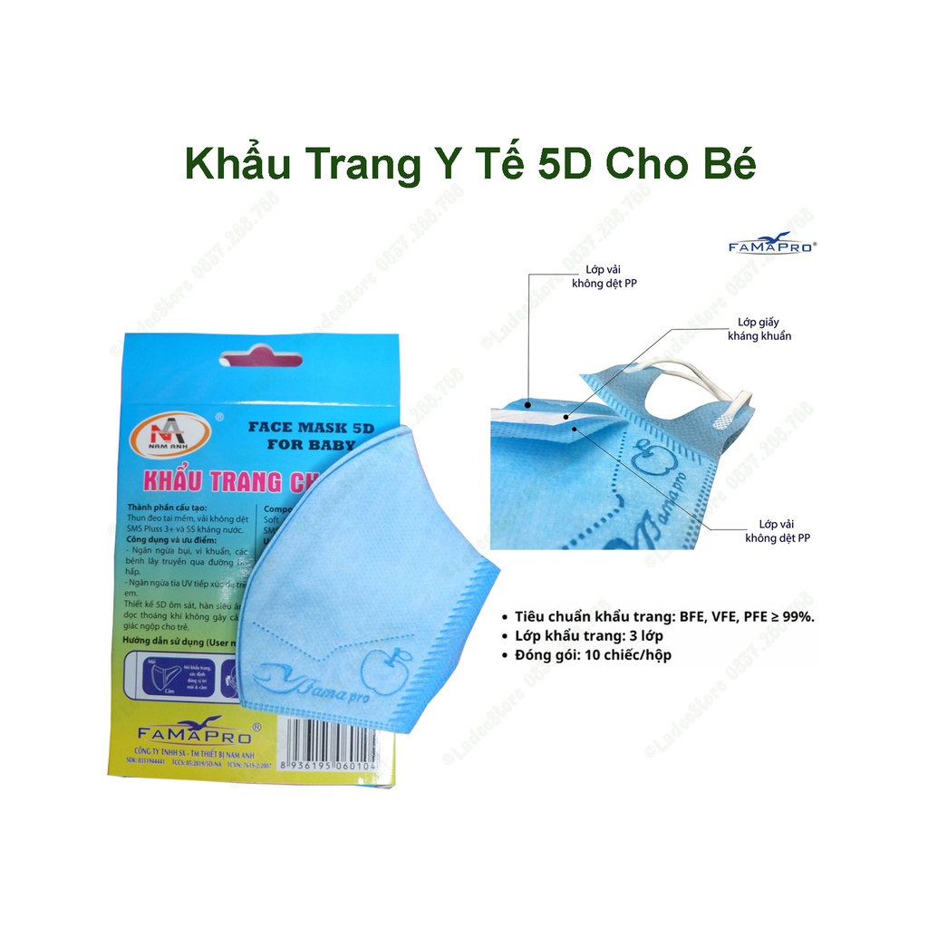 Khẩu Trang 5D Nam Anh, Khẩu Trang Trẻ Em, Hộp 10 Cái