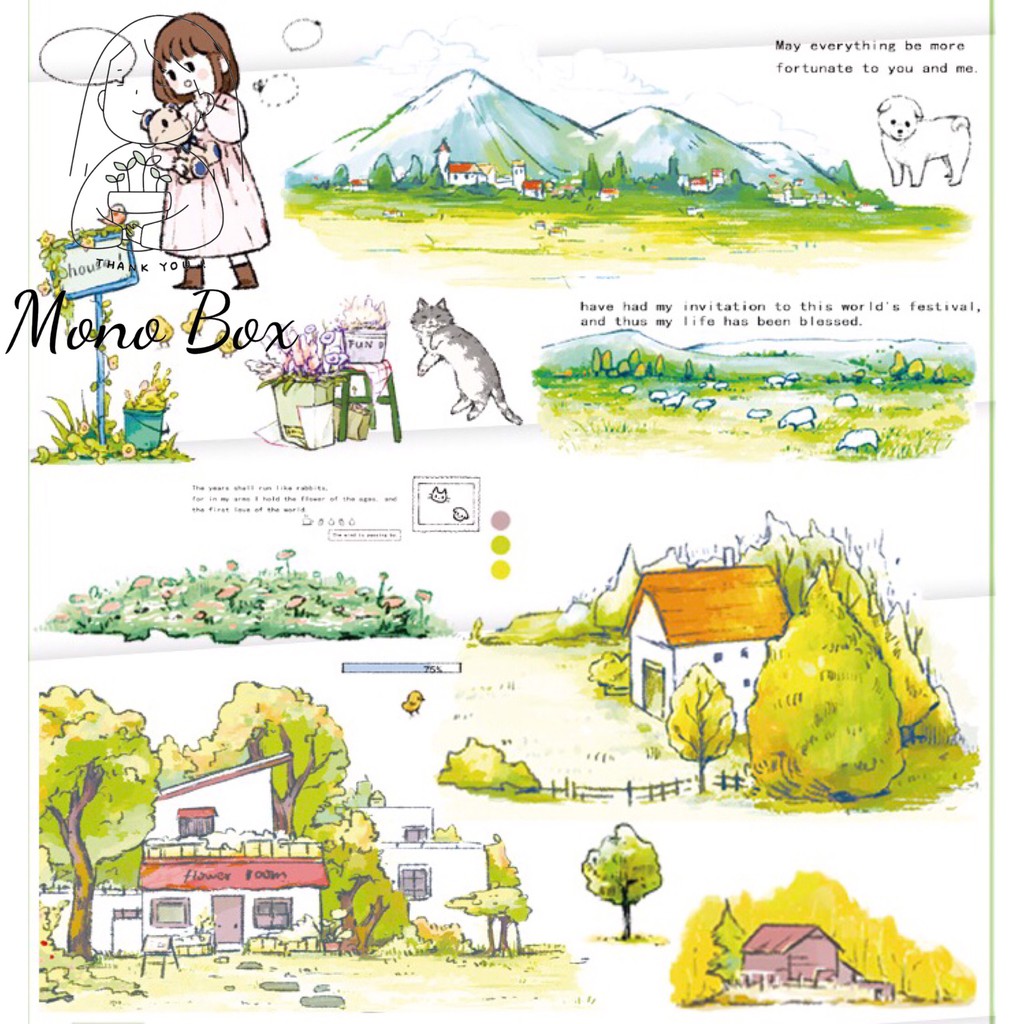 [Chiết] Washi tape 35x7cm băng keo dính trang trí phong cảnh thiên nhiên Mono_box 00803