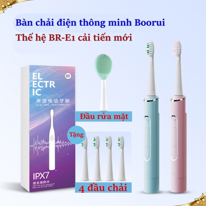 Bàn chải điện thông minh với đầu rửa mặt cải tiến 3 chế độ nhân 2 tốc độ chống nước chuẩn Quốc tế Boorui BR-E1