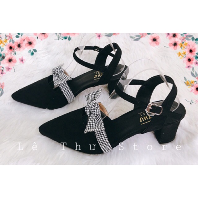 Giày cao gót 5 phân bít mũi nơ caro hở gót LT (BM020)