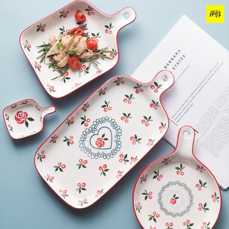 Đĩa sứ, đĩa sứ họa tiết Cherry có tay cầm phong cách Hàn Quốc dùng cho bàn ăn và decor