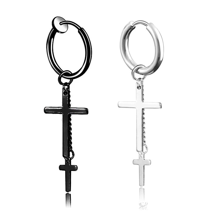 Khuyên tai titan unisex thánh giá 2 tầng ko gỉ có loại kẹp ko xỏ lỗ