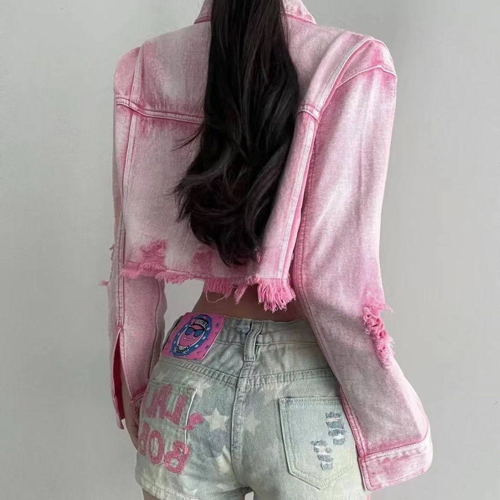 2022 fall Spice Girls pink wash hole denim jacket loose fashion jacket ins jacket Guochao brand