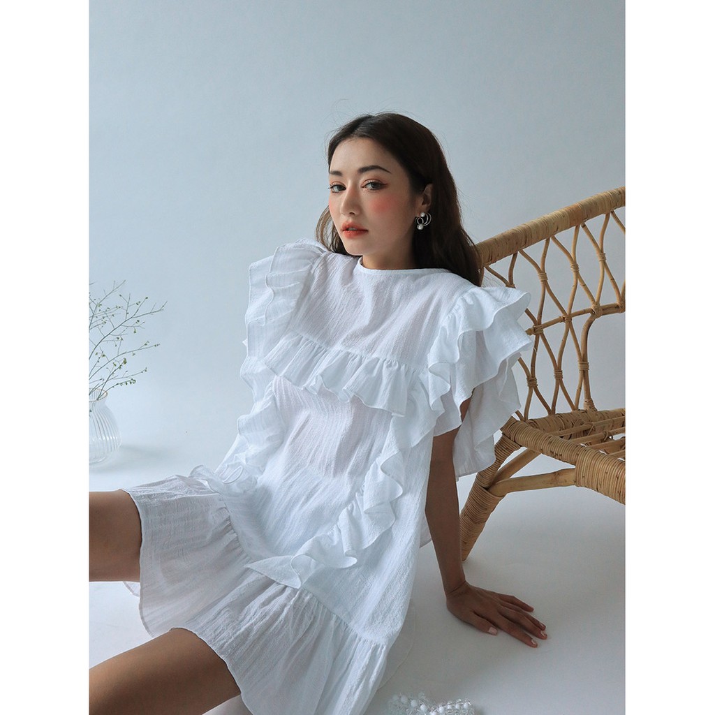 Đầm Trắng Xoè Nhún Bèo Korea Váy Tay Bèo Xếp Tầng Cao Cấp Hàn Quốc Đầm Ngắn Midi Vintage Cổ Tròn Stylenanda