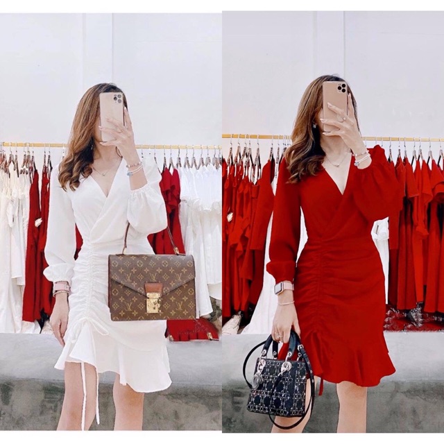 Đầm váy dự tiệc tay dài rút dây 2 màu