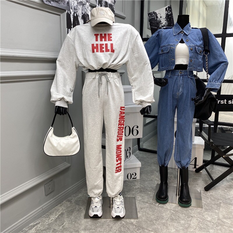 Mẫu Đẹp Giá Sỉ ❤ Set Bộ Thể Thao Áo Croptop Nỉ Dài Tay Rút Dây The Hell Mix Quần Jogger Monster Đen Xám