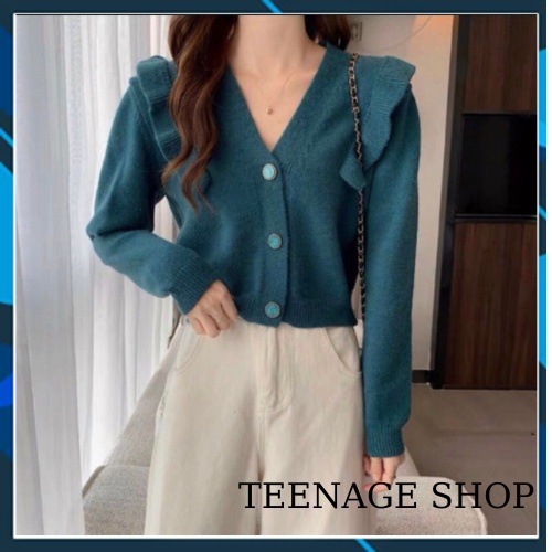 Áo len tay dài cardigan nữ cổ V croptop bèo vai ulzzang Hàn Quốc | BigBuy360 - bigbuy360.vn