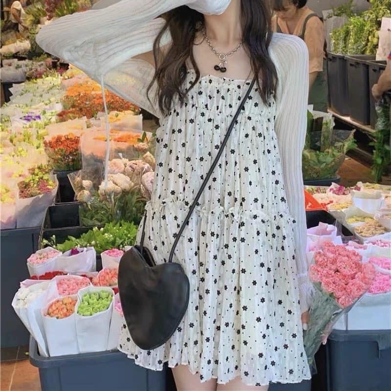 Đầm Hoa🌸Váy Hai dây chấm bi phối form rộng xoè dài bánh bèo tiểu thư mặc đi Biển đi Chơi cá tính Ulzzang