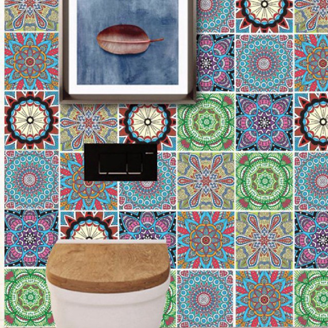 Decal gạch bông hoa văn đỏ xanh dạng rời (1 bộ 6 tấm 20cmx20cm)