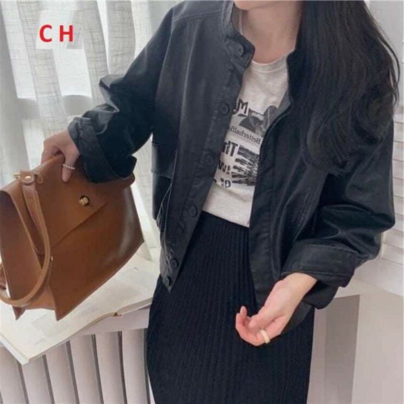Áo Khoác da Cổ trụ Túi HộpFREESHIPBomber nữ croptop basicPhong cách cá tính, sexy