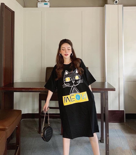 Đầm suông-Váy suông chất cotton in hình MÈO kute size 40-75kg (không túi) | BigBuy360 - bigbuy360.vn