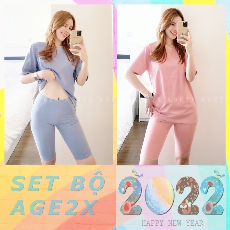 Hình thật Set, Bộ Nữ baby AGE2X Gồm Áo thun trơn và quần biker short- gam màu pastel sẵn SLL