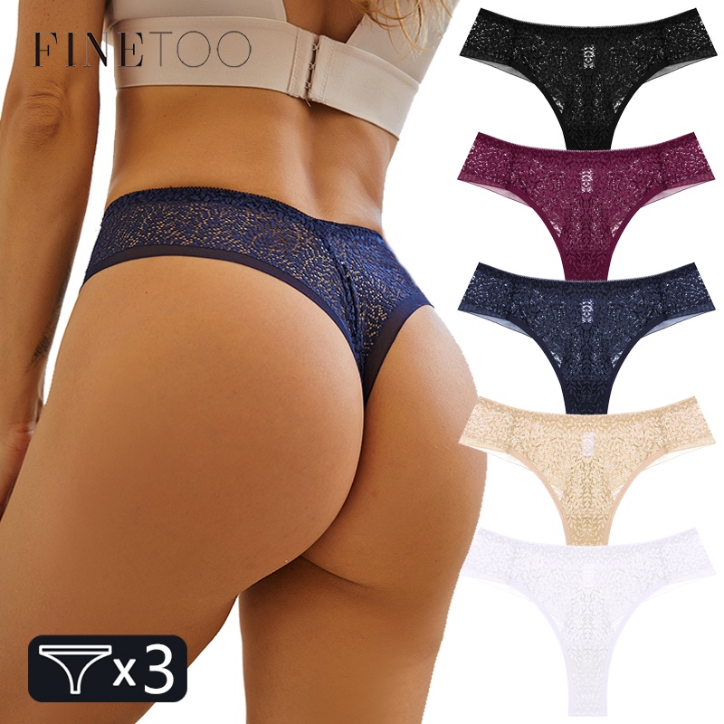 FINETOO Set 3 Quần Lót Ren Lọt Khe Lưng Thấp Quyến Rũ Cho Nữ