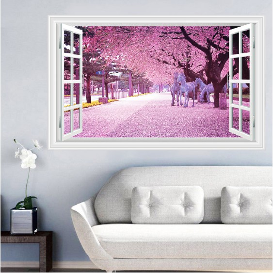 Decal trang trí khung cửa sổ Ngựa Bạch và rừng Anh Đào