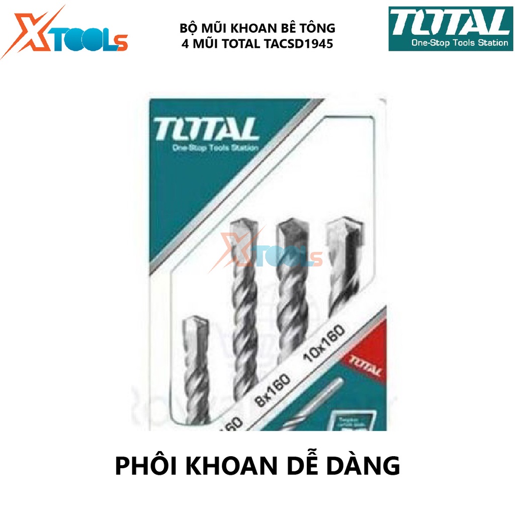 Bộ 4 mũi khoan bê tông TOTAL TACSD1945 combo 4 mũi đục bê tông hỗ trợ khoét lỗ trên bề mặt vật liệu như sắt, thép, gỗ, b