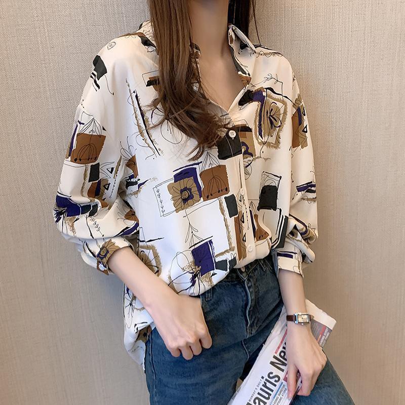 Áo Sơ Mi Dáng Rộng In Họa Tiết Phong Cách Retro Hàn Quốc Thời Trang Cho Nữ
