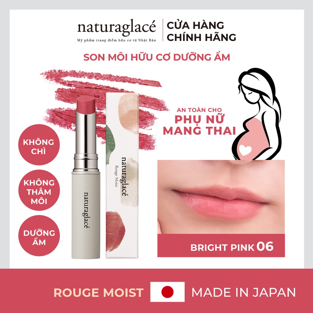 Son môi hữu cơ naturaglacé Rouge Moist bán lì, không chì, dưỡng ẩm, Màu 06 - Bright Pink, 2.3g