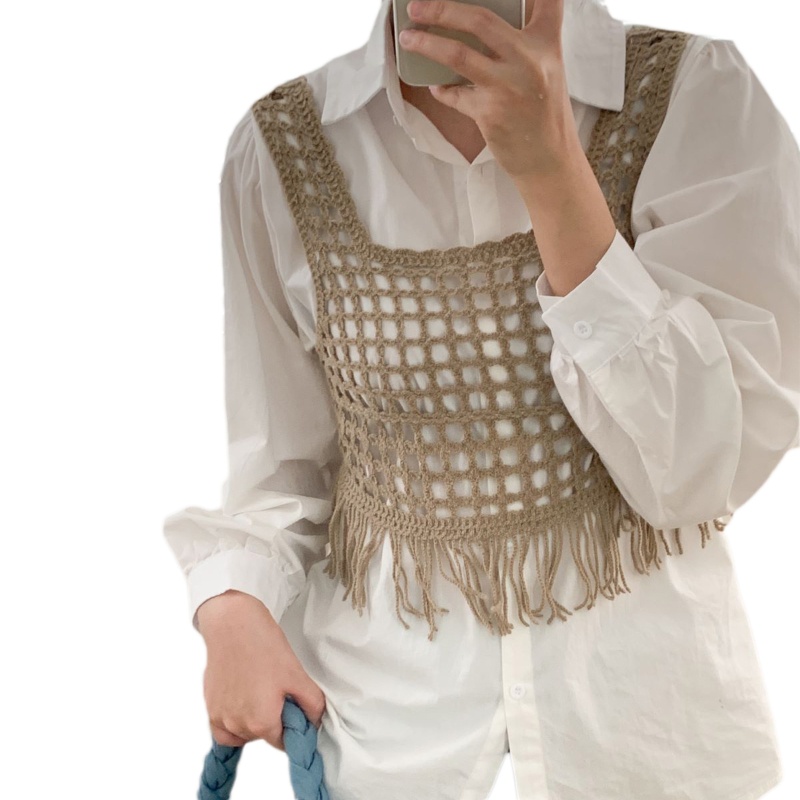 Xiangbao Áo Không Tay Mini Phối Tua Rua Phong Cách Pháp Thanh Lịch Cho Nữ