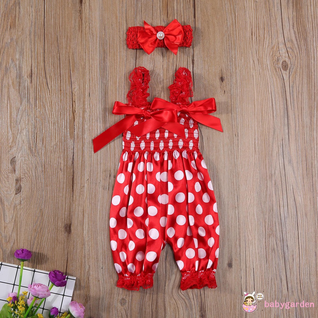 Áo Liền Quần Chấm Bi Và Băng Đô Nơ Cho Bé