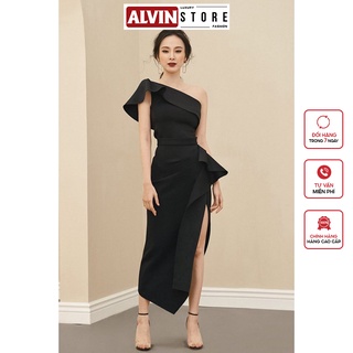Đầm Dự Tiệc Ôm Body Dài Qua Gối Thiết Kế Lệch Vai Nhấn Bèo Sang Trọng Alvin Store 2500