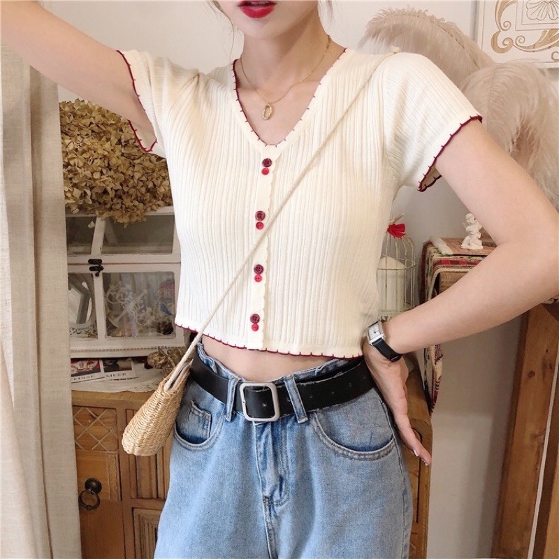 Áo Croptop Cổ Tim Phối Viền Màu Siêu Xinh (VIDEO, ẢNH THẬT)