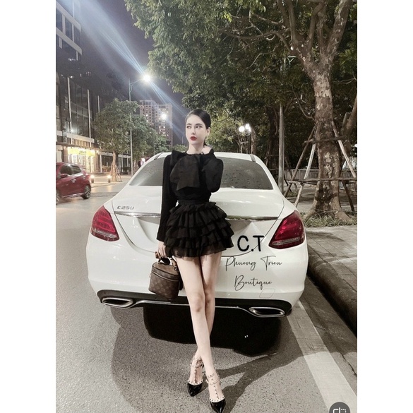 Set áo len cổ nơ + chân váy tầng