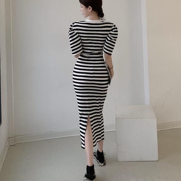 Đầm tay phồng họa tiết kẻ sọc phong cách retro Pháp thời trang mùa hè thanh lịch cho nữ
