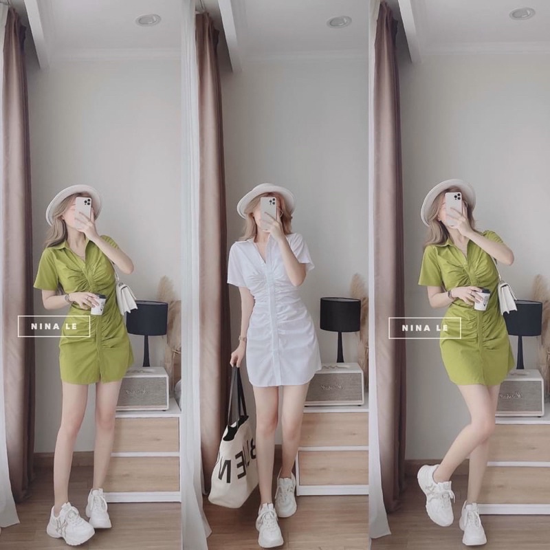 Váy sơ mi cổ tàu rúm trước