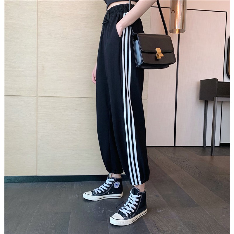 SUXI Quần dài form rộng lưng cao họa tiết kẻ sọc phong cách Hàn Quốc